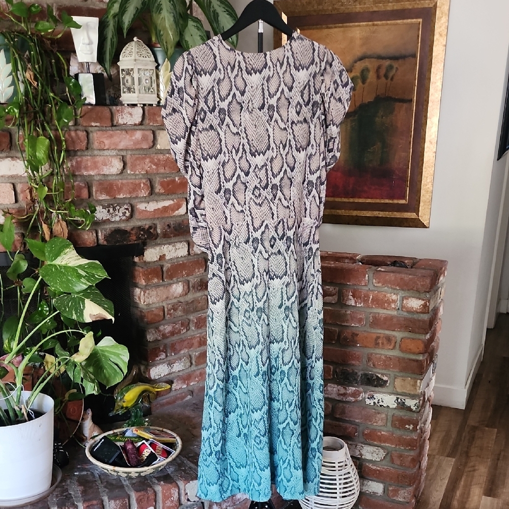 AFRM Snake Print Midi Dress Size M Puff Sleeve Tie Waist Green Ombre Python - Picture 4 of 13